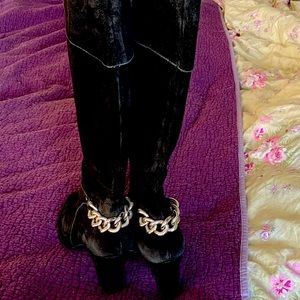 Tahari black suede boots with cool silver chain on back. Medium heel.